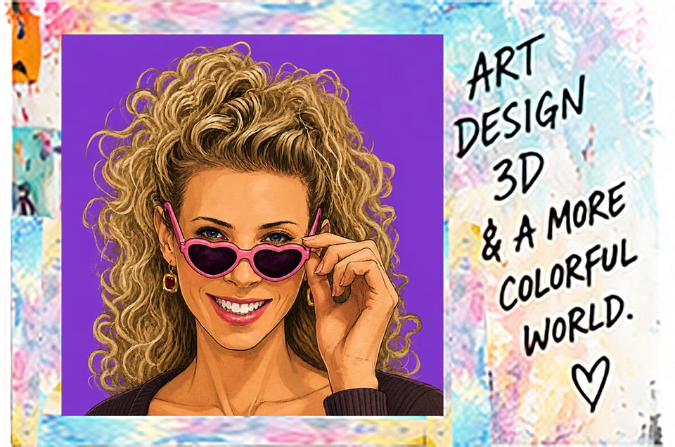 Illustrated portrait of Lauren Farrow with curly hair and pink heart-shaped sunglasses beside hand-lettered words: Art, Design, 3D & a more colorful world