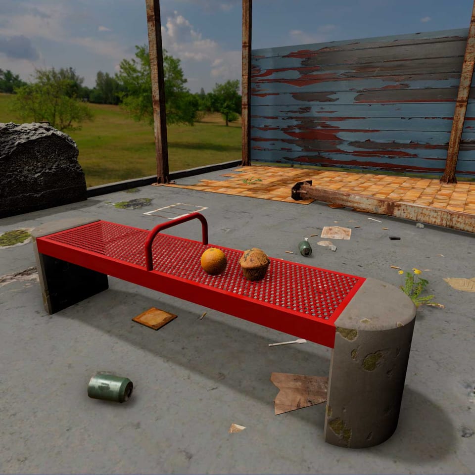 Close view of a red bench and debris in the abandoned factory 3D environment