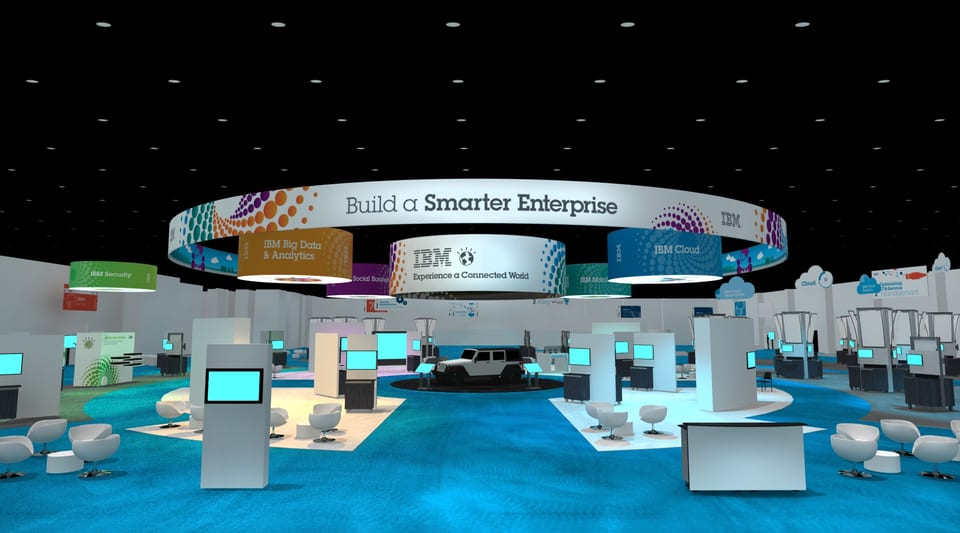 3D rendering of the IBM booth at Pulse 2014 with a circular overhead sign