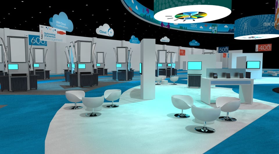 3D rendering of the IBM Pulse 2014 booth with white lounge seating and screens