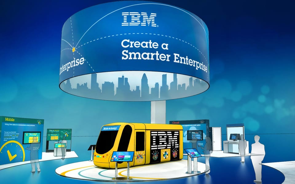 3D rendering of a yellow IBM tram under a large blue Smarter Enterprise sign