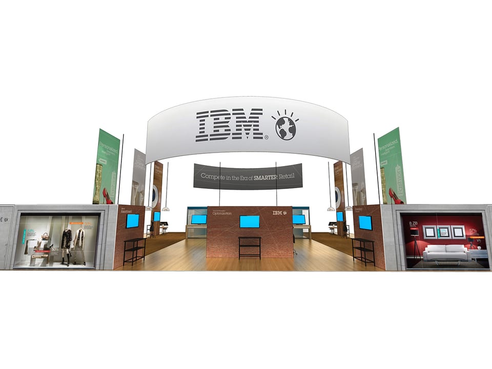 Rear-view 3D rendering of the IBM NRF 2014 booth showing the demo stations