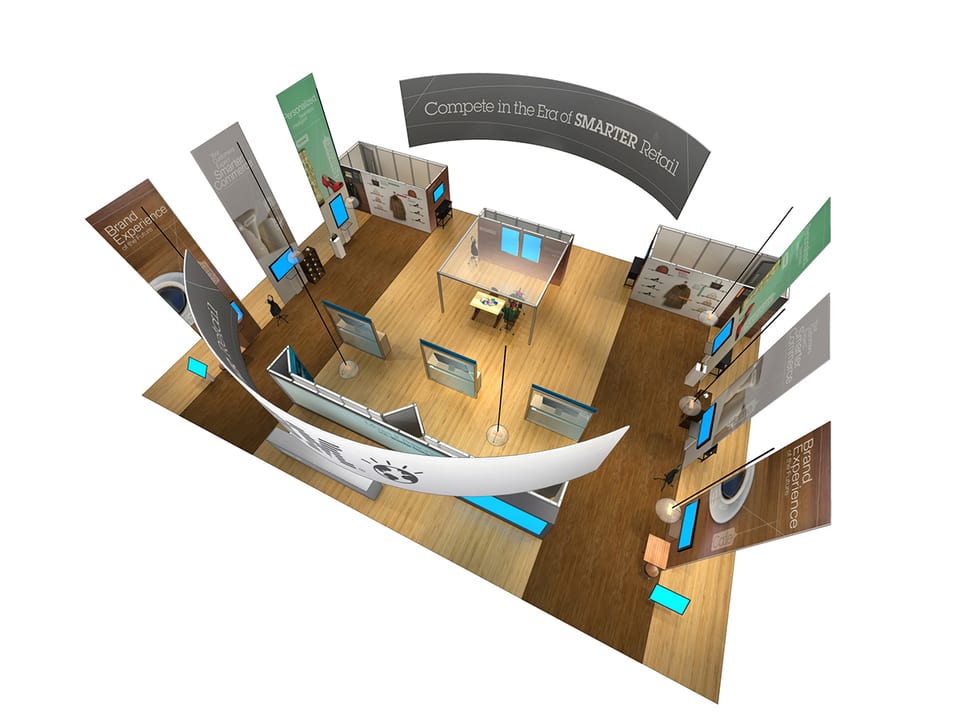 Bird’s-eye 3D rendering of the IBM booth for NRF 2014, with its curved overhead sign and mirrored demo areas