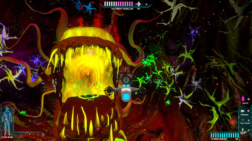 Screenshot of a surreal neon 3D video game environment