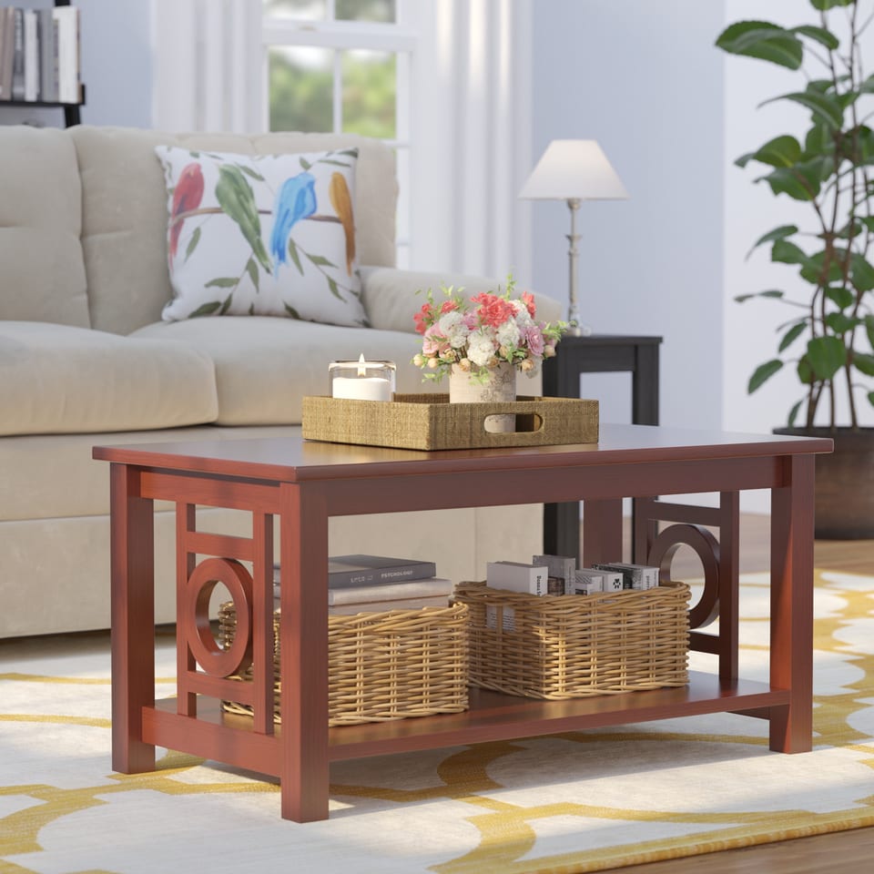 3D rendering of a family room with a red coffee table and baskets