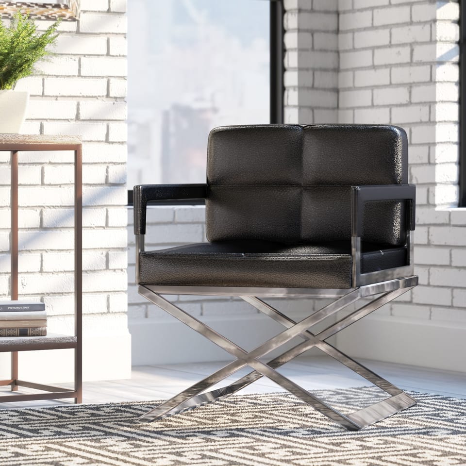 3D rendering of a black leather and chrome chair in an urban loft