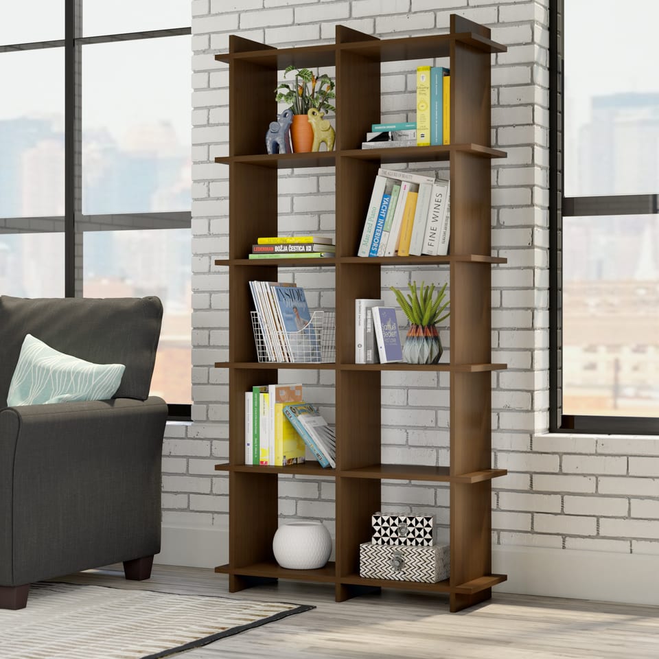 3D rendering of a wooden bookshelf against a white brick wall in a loft