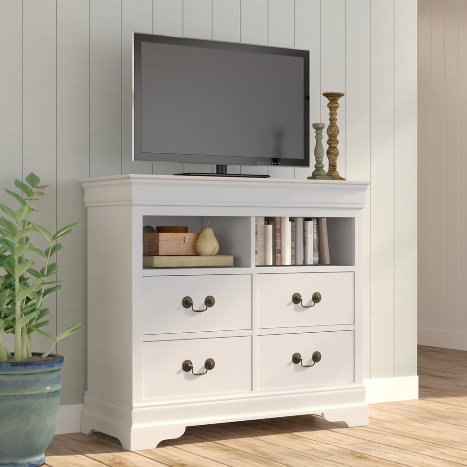 3D rendering of a white entertainment center with a television