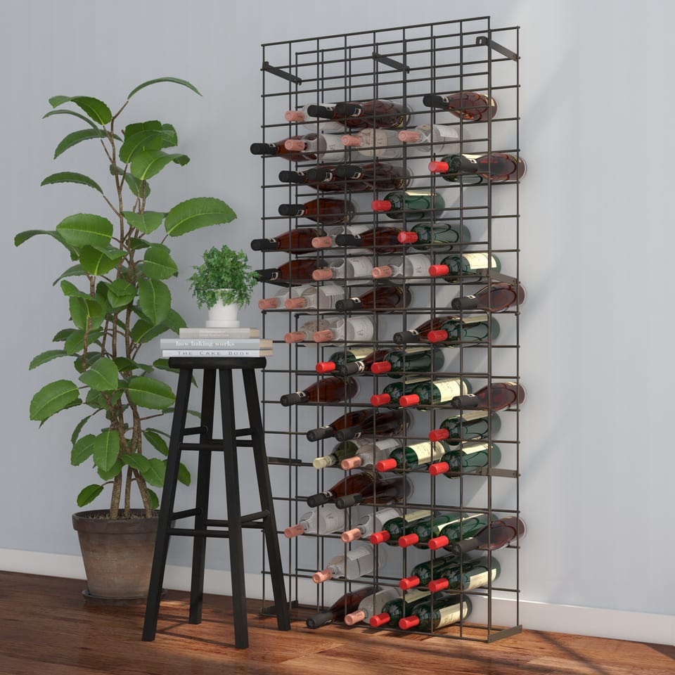 3D rendering of a metal wine rack and a stool with a plant
