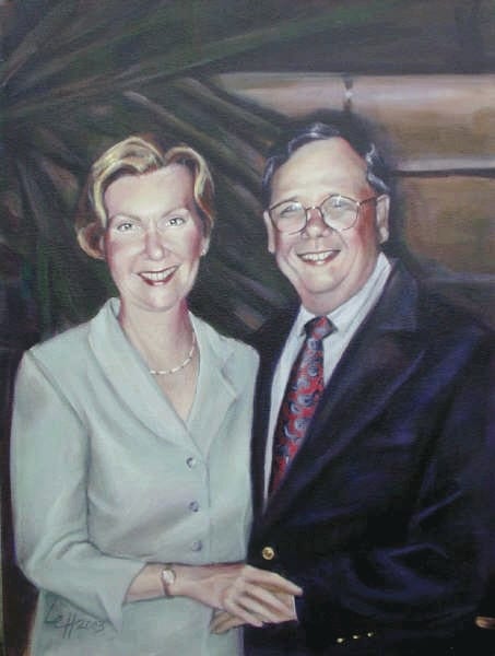 Portrait painting of a couple, Barb and John, standing together