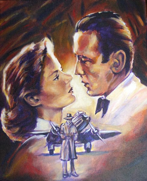 Painting of Humphrey Bogart and Ingrid Bergman in a romantic embrace from Casablanca, with the airplane behind them