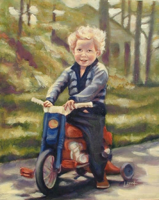 Portrait painting of Charlie, a young boy riding a red tricycle