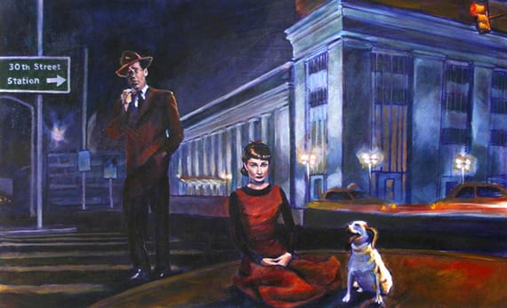 Painting of Humphrey Bogart, Audrey Hepburn and the beagle outside Philadelphia’s 30th Street Station at night