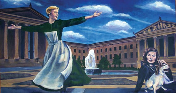 Painting of Julie Andrews twirling in front of the Philadelphia Museum of Art with Katharine Hepburn and the beagle