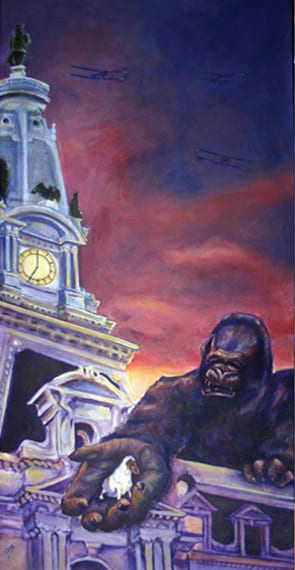 Tall painting of Philadelphia City Hall tower at sunset with King Kong and the beagle