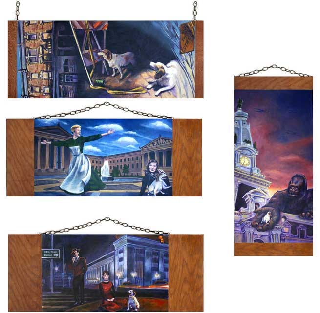The four Stray Thoughts Dream Sequence paintings on oak plywood panels hanging from brass chains