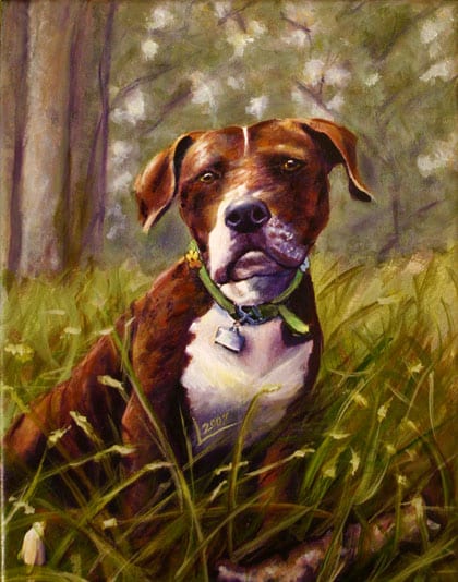 Portrait painting of Emma, a brown and white dog sitting in tall grass