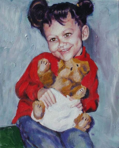 Portrait painting of Iyana, a young girl in a red jacket hugging a teddy bear