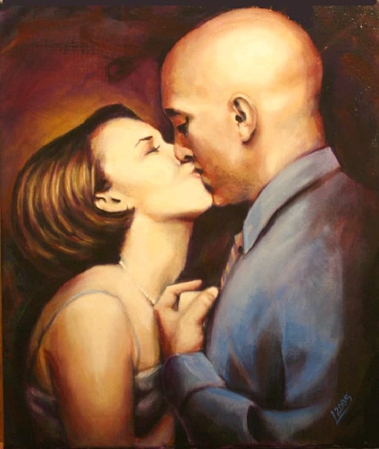 Painting of a newlywed couple sharing a kiss