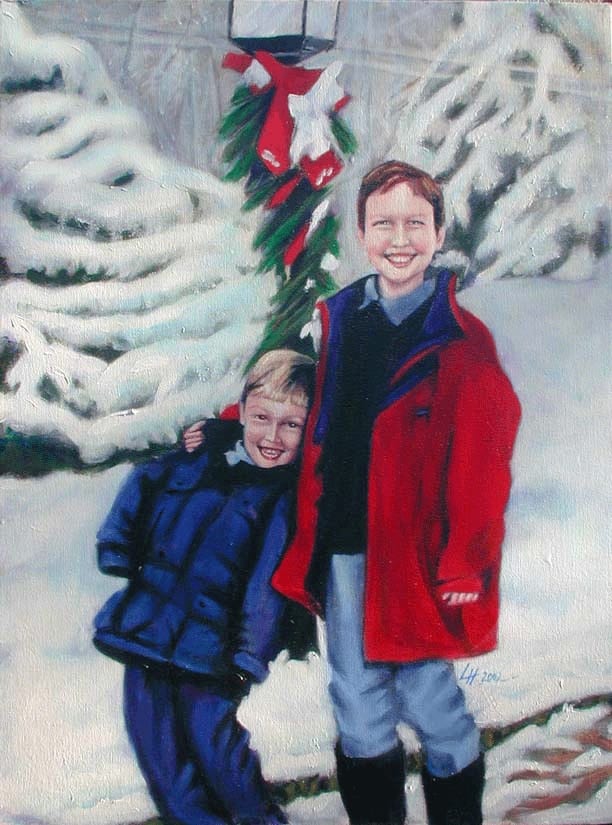 Portrait painting of two brothers, Pierce and James, standing in the snow