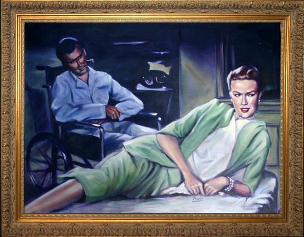 Painting of Grace Kelly and Jimmy Stewart in a scene from Alfred Hitchcock’s Rear Window, in an ornate gold frame