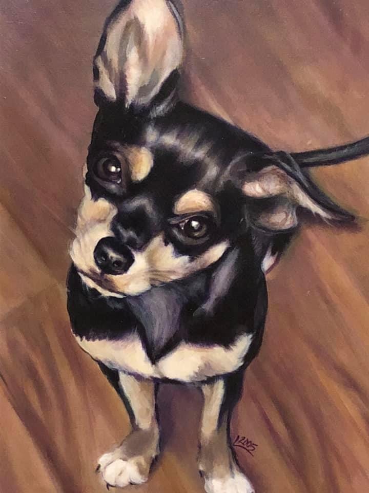 Portrait painting of Señor Taco, a black and tan chihuahua